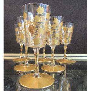 6 verres à porto en cristal et décor de feuilles vigne à l'or signé DELVAUX à Paris