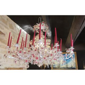 Large 24-arm Chandelier With White Painted Base And Multitude Of Flower-shaped Tassels 