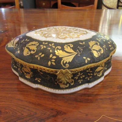 Le Tallec Rare Porcelain Box Or Box With Gold Flower Decor On Black Background. Sign.