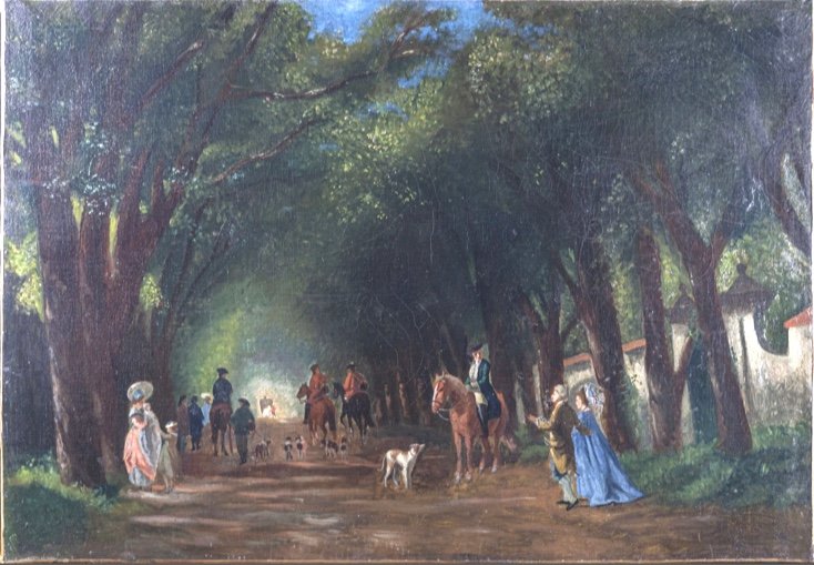 French School Of The Nineteenth.important Oil On Canvas. Riders And Characters In The Forest