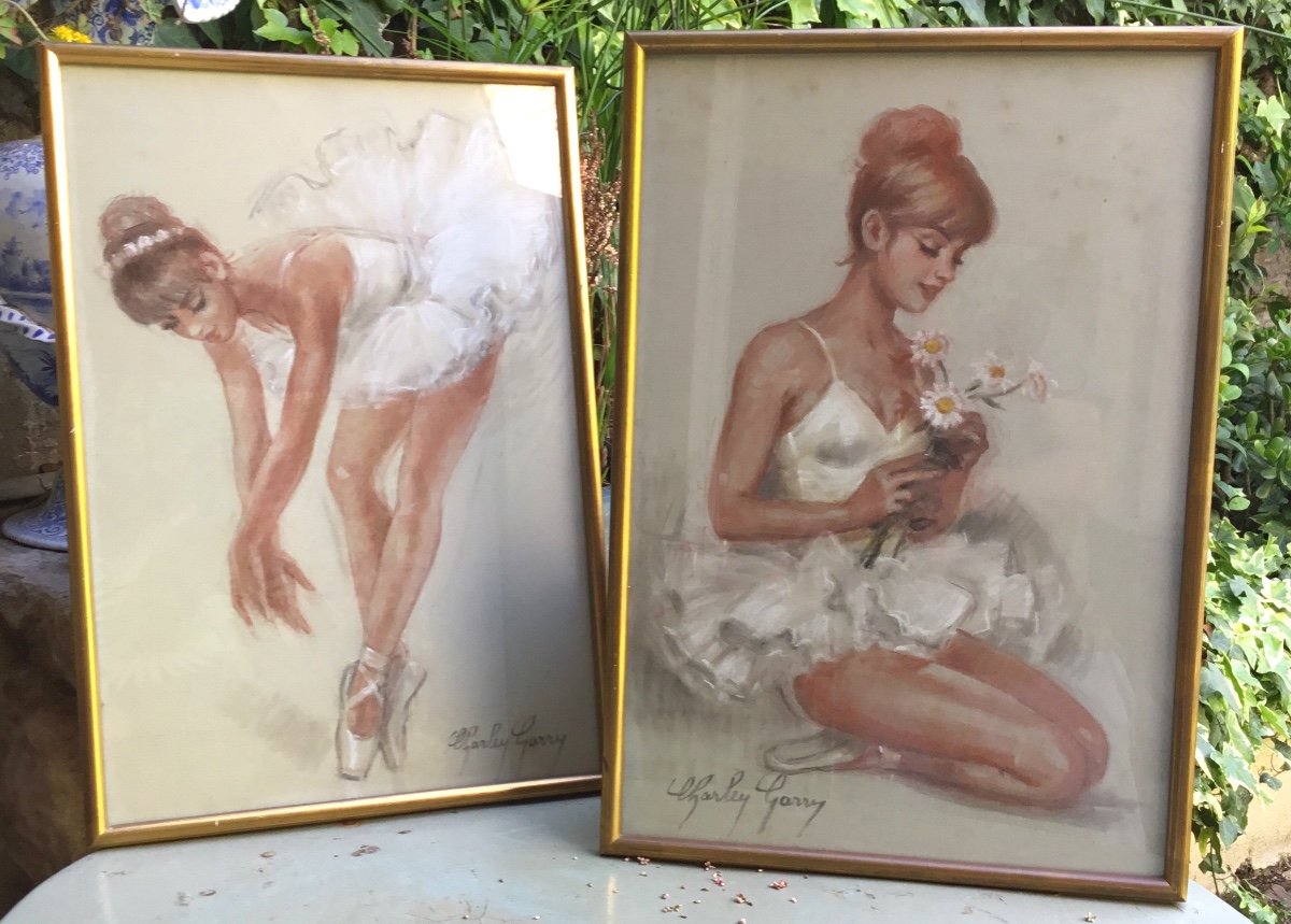 Pair Of Pastels Signed Charley Garry Representing Ballerinas 