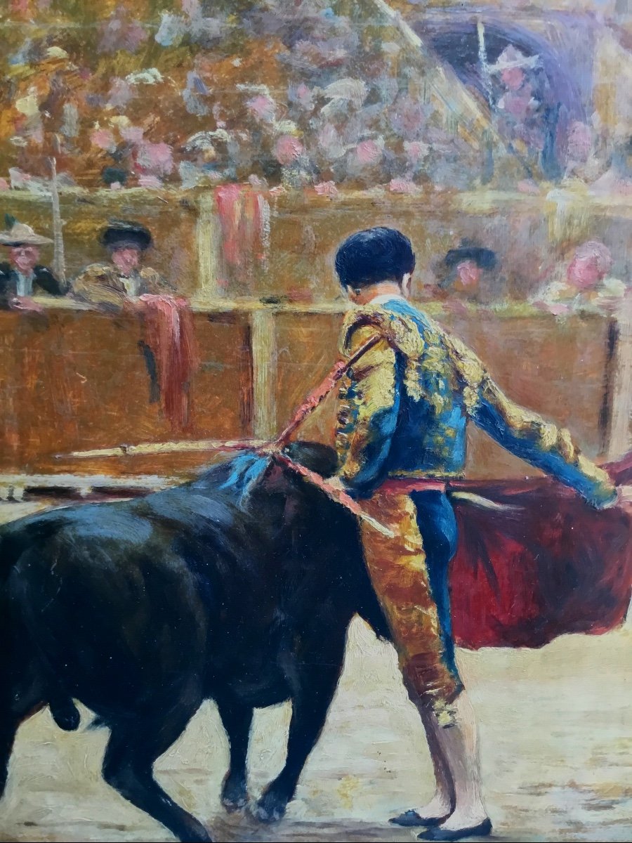 School From The First Half Of The 20th Century. Bullfighting Scene. Oil On Panel Signed -photo-2