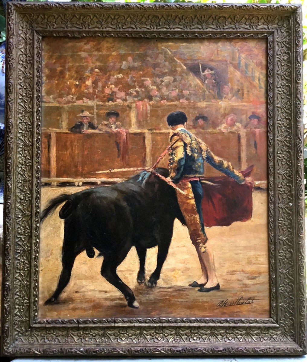 School From The First Half Of The 20th Century. Bullfighting Scene. Oil On Panel Signed 