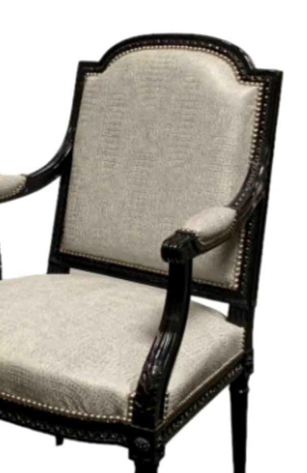 Pair Of Louis XVI Style Armchairs In Black Lacquered Oak. Superb Crocodile Fabric Cover-photo-3