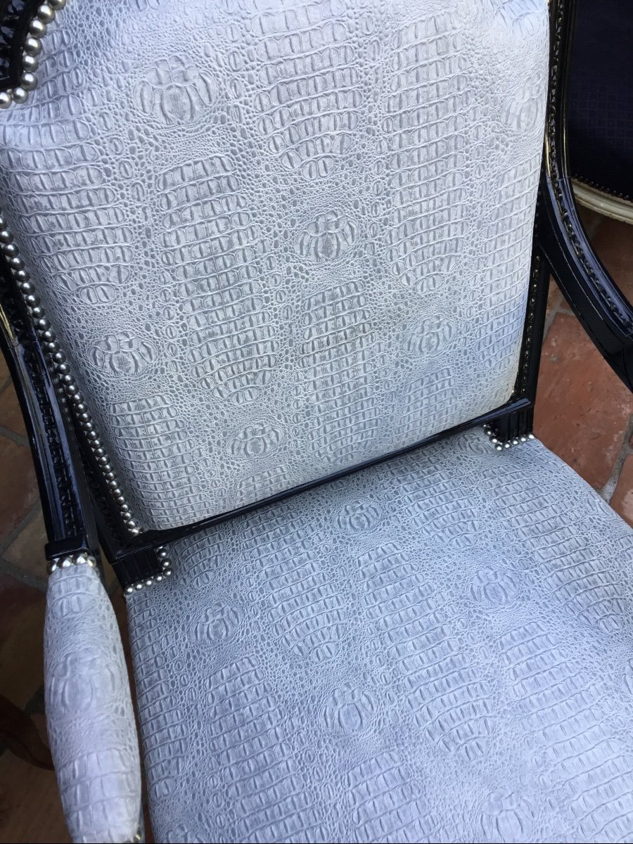 Pair Of Louis XVI Style Armchairs In Black Lacquered Oak. Superb Crocodile Fabric Cover-photo-1