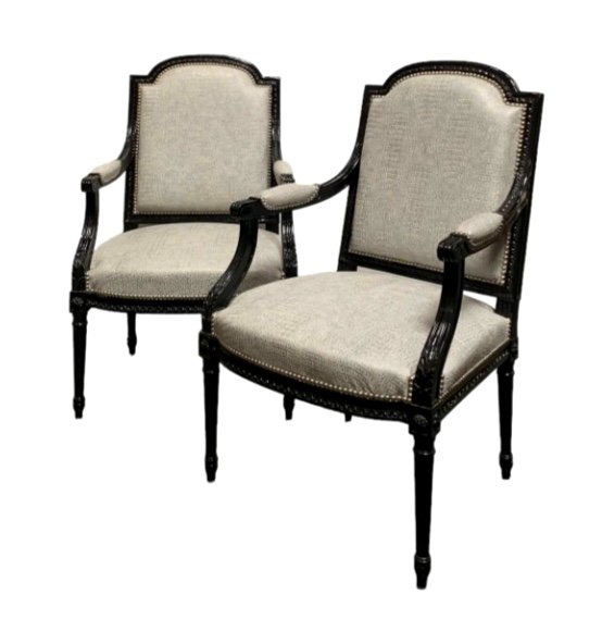 Pair Of Louis XVI Style Armchairs In Black Lacquered Oak. Superb Crocodile Fabric Cover