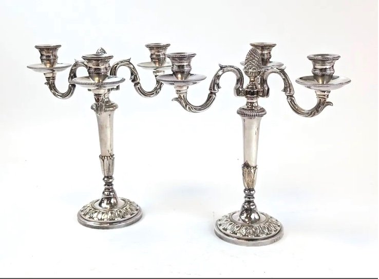 Chrysalia. Pair Of Louis XVI Style Silver Plated Bronze Candelabras 