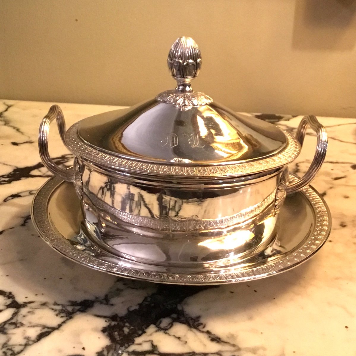 Silver Metal Vegetable Dish And Its Monogrammed Tray Dl