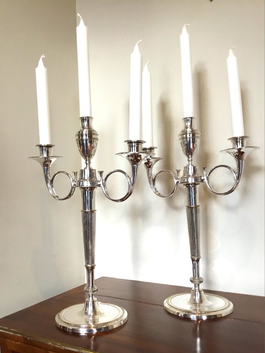 Pair Of Silver Metal Candelabras With Hunting Horn Decor -photo-3