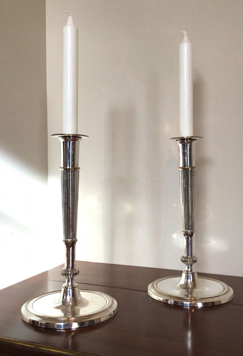 Pair Of Silver Metal Candelabras With Hunting Horn Decor -photo-4