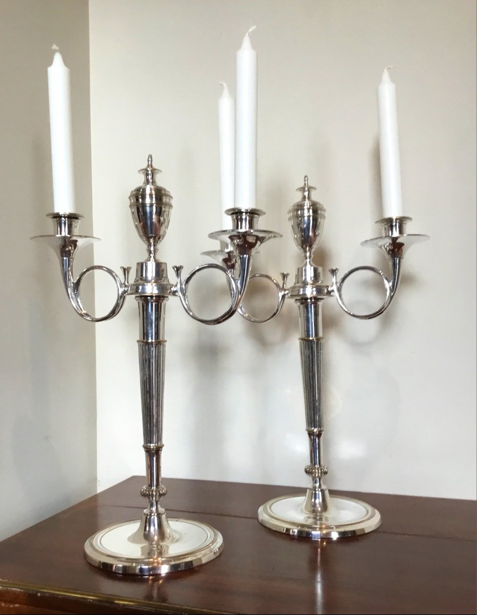 Pair Of Silver Metal Candelabras With Hunting Horn Decor 