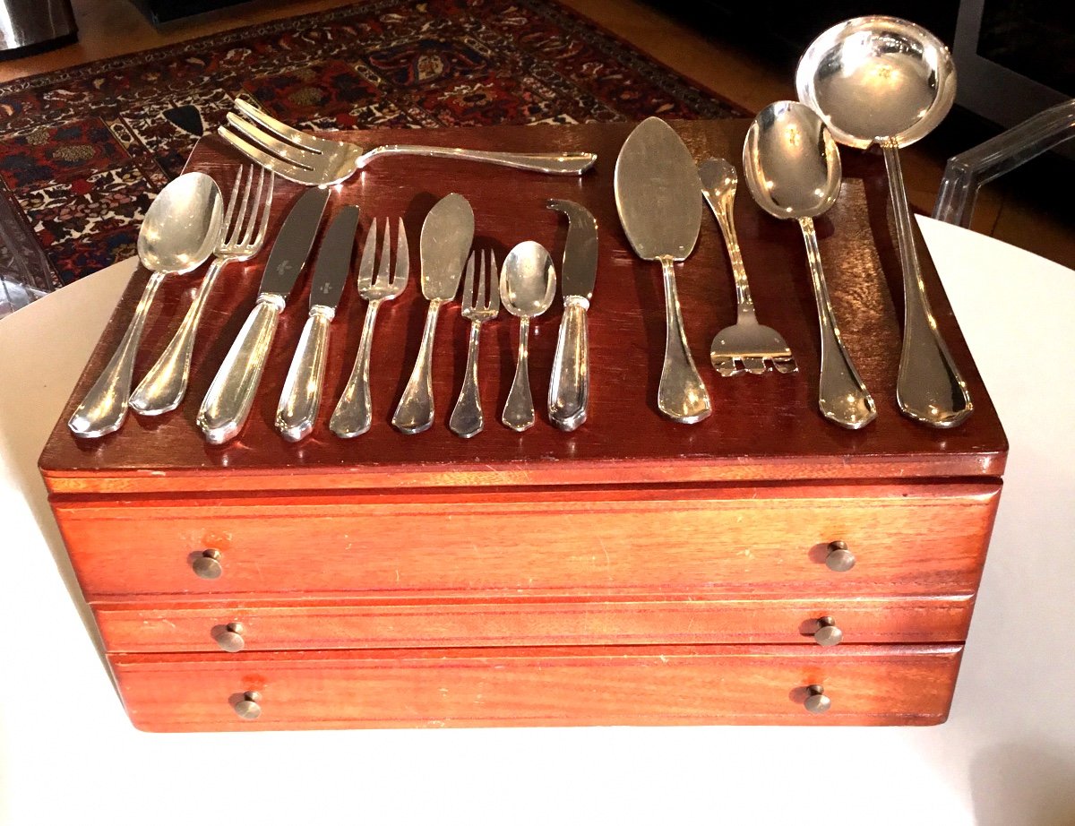 Silver Metal Cutlery Set From Maison Ravinet Denfert In Box.103 Pieces -photo-1