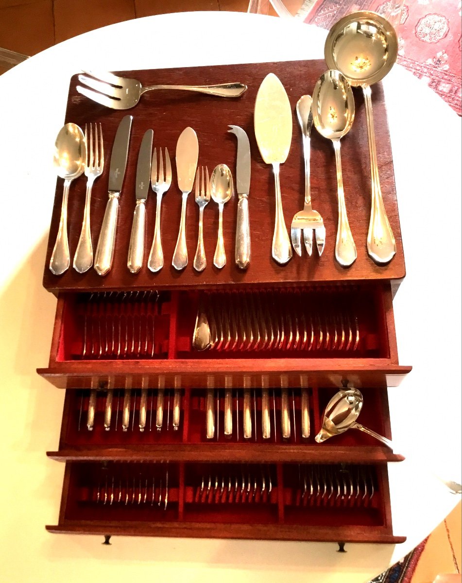 Silver Metal Cutlery Set From Maison Ravinet Denfert In Box.103 Pieces 