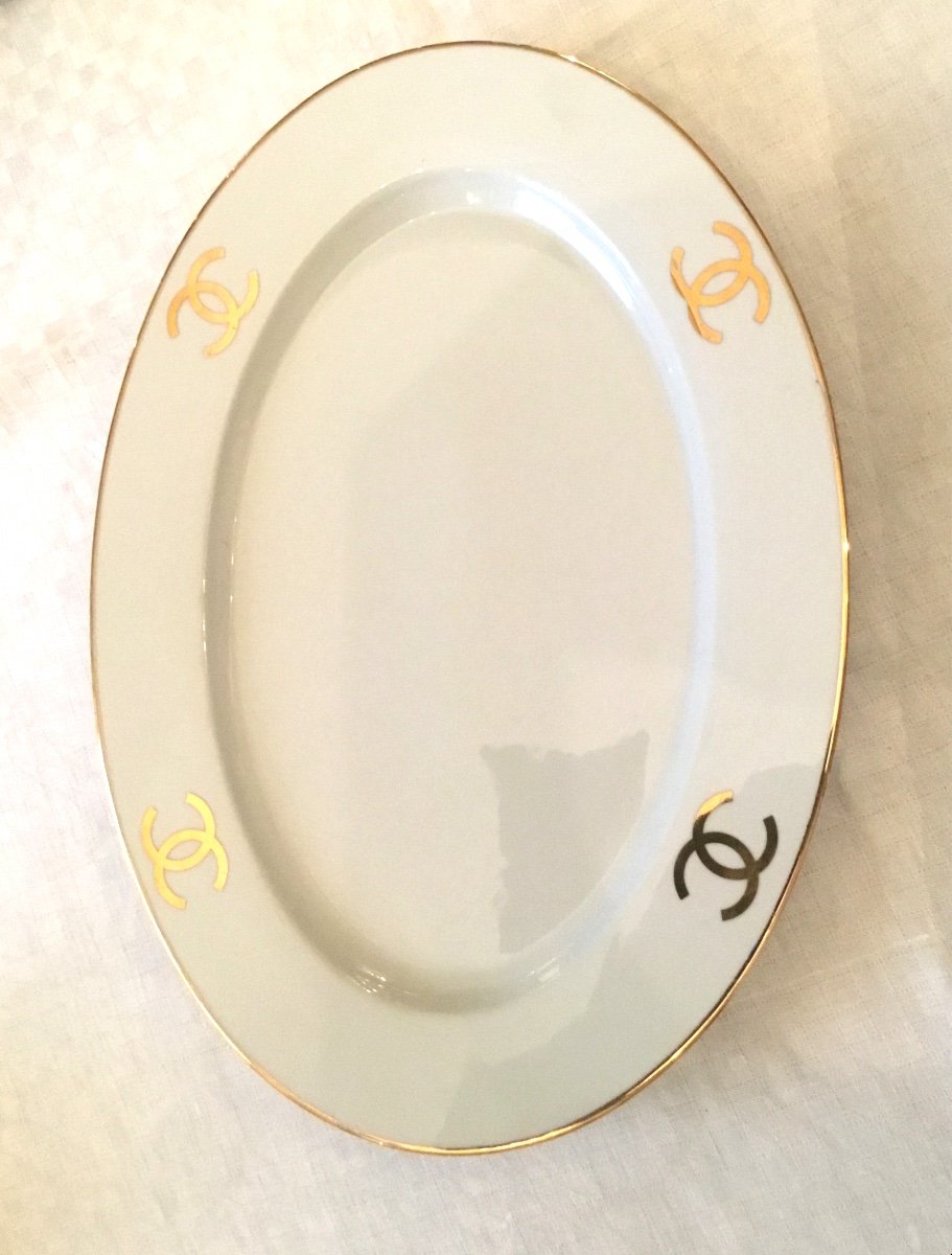 Limoges Pour La Maison Chanel .plat De Service Monogrammé à La Feuille D’or-photo-2