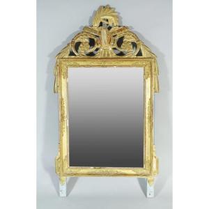 Beautiful Mirror In Wood And Golden Stucco With Openwork Pediment Decorated With Flowers. XIXth