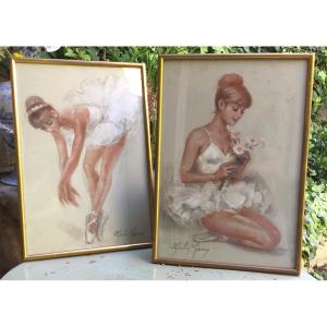 Pair Of Pastels Signed Charley Garry Representing Ballerinas 