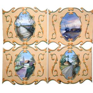 4 Wooden Panels From A Carousel Representing Village Scenes. Signed Adrien