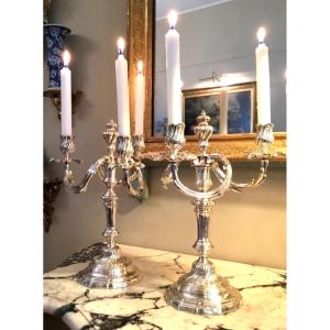 Pair Of Silver Metal Candlesticks With Three Rocaille Style Arms Of Light