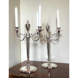 Pair Of Silver Metal Candelabras With Hunting Horn Decor 