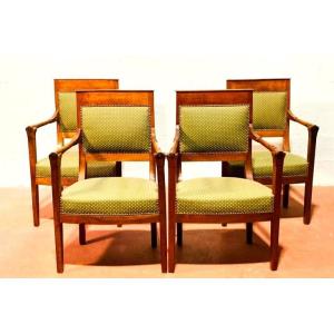 Set Of 4 Armchairs With Straight Backs And Cornice. Early 19th Century 