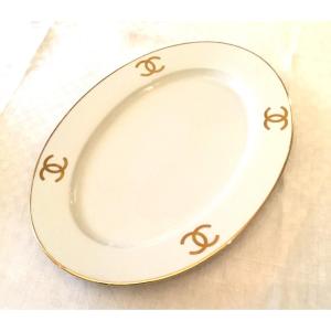 Limoges Pour La Maison Chanel .plat De Service Monogrammé à La Feuille D’or