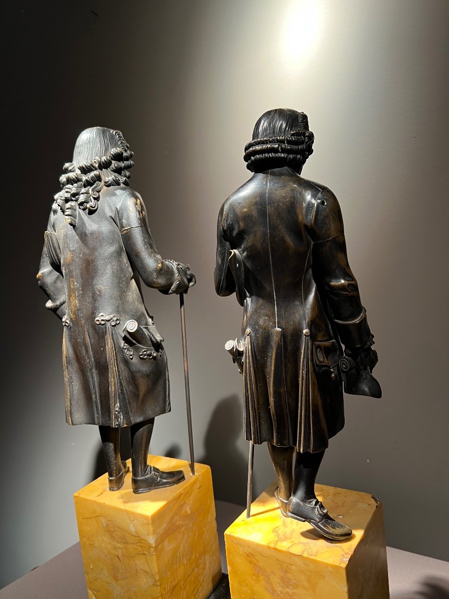 Pair Of Bronze Sculptures Representing Voltaire And Rousseau, Restoration Period. -photo-4
