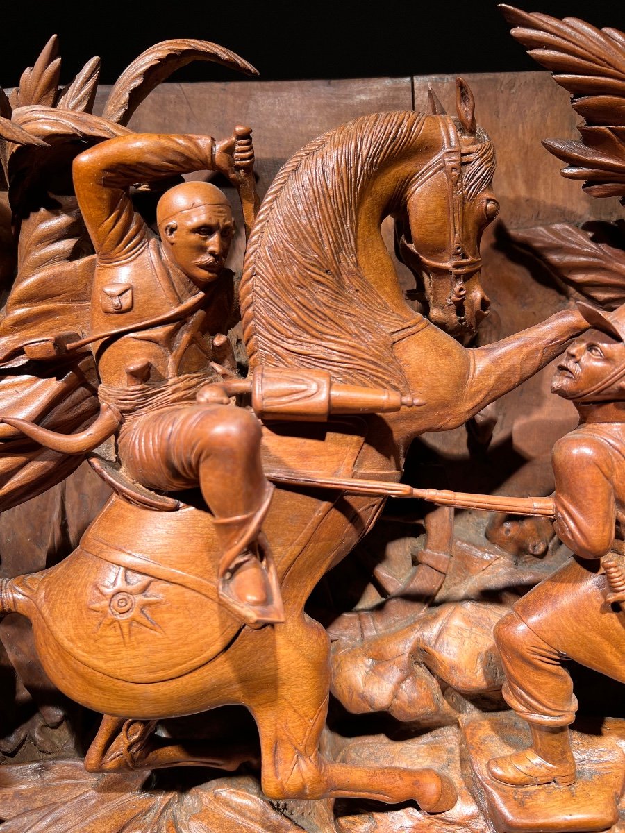 High Relief In Pear Wood Representing A Scene From The Conquest Of Algeria, Signed Miarles, 1856.-photo-2