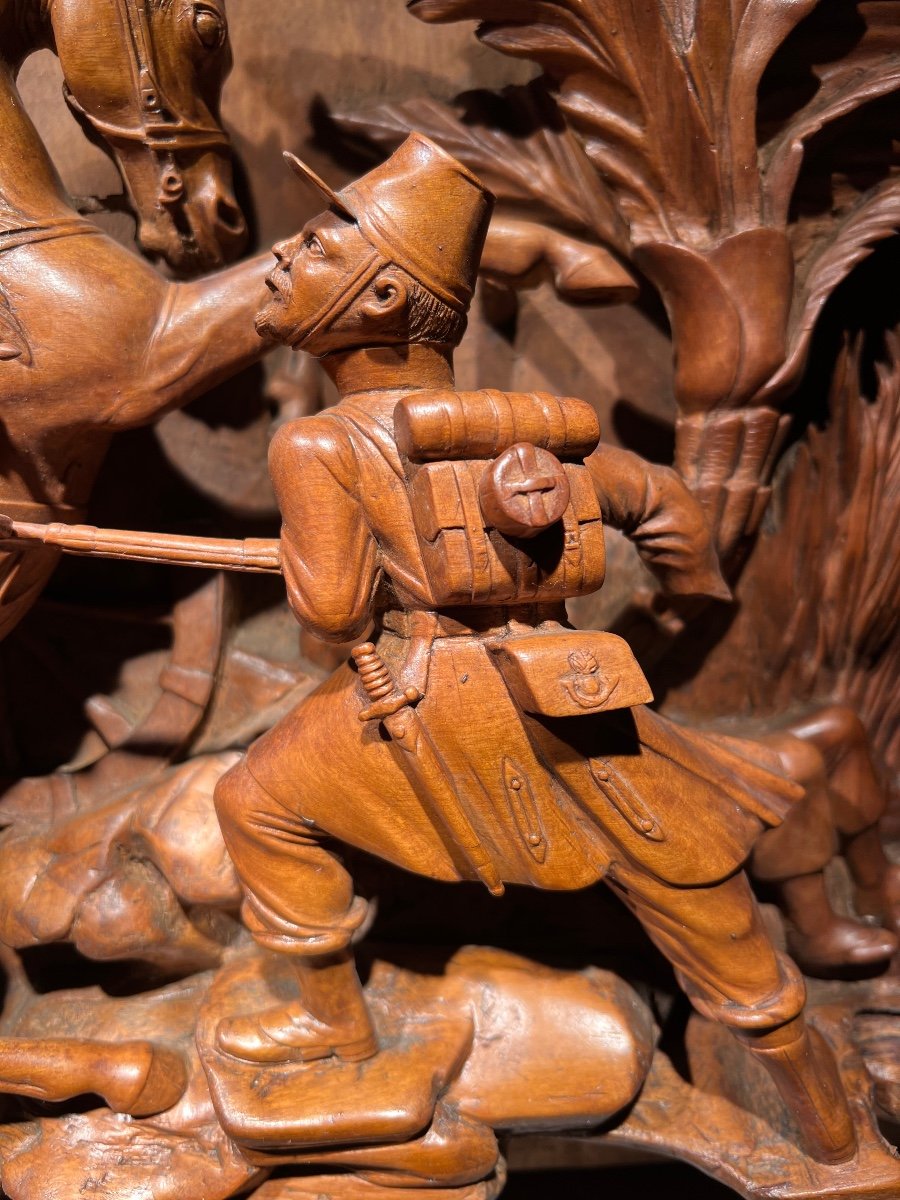 High Relief In Pear Wood Representing A Scene From The Conquest Of Algeria, Signed Miarles, 1856.-photo-3