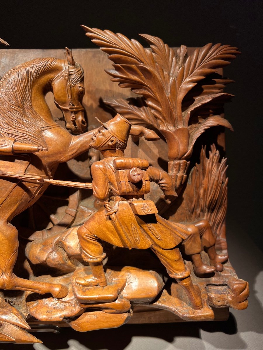 High Relief In Pear Wood Representing A Scene From The Conquest Of Algeria, Signed Miarles, 1856.-photo-2