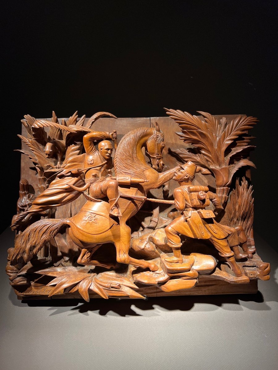 High Relief In Pear Wood Representing A Scene From The Conquest Of Algeria, Signed Miarles, 1856.