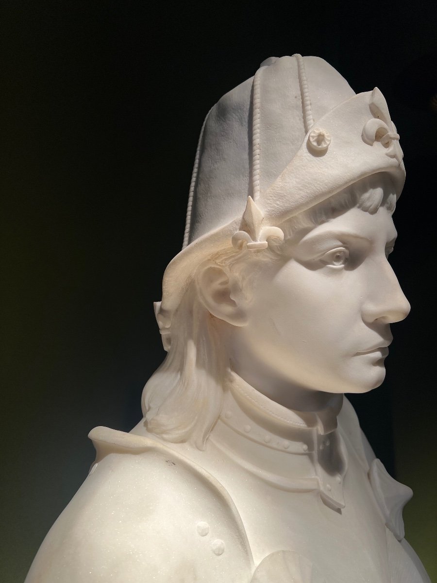 Adolphe Mony (1831-1909): Bust Of Joan Of Arc In Armor In Carrara Marble, Circa 1900.-photo-2