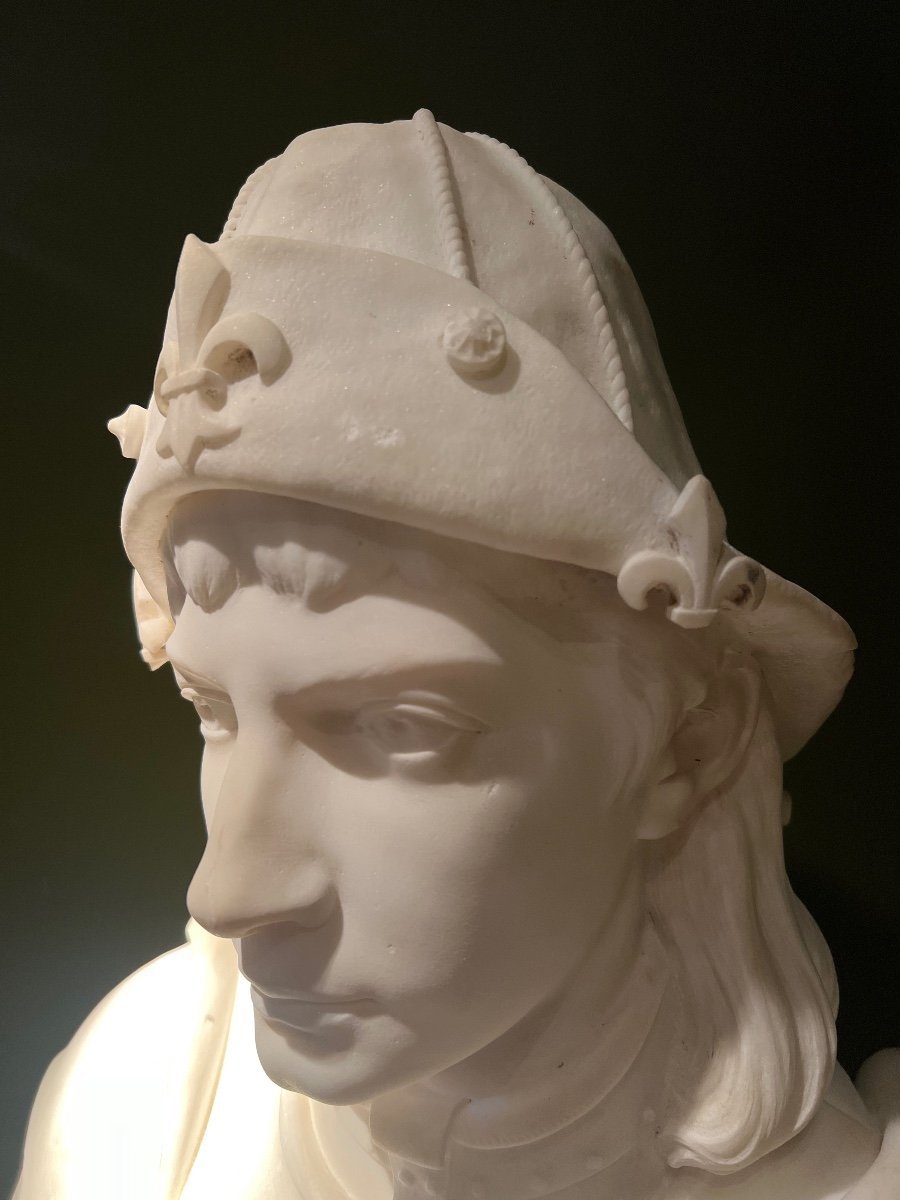 Adolphe Mony (1831-1909): Bust Of Joan Of Arc In Armor In Carrara Marble, Circa 1900.-photo-3