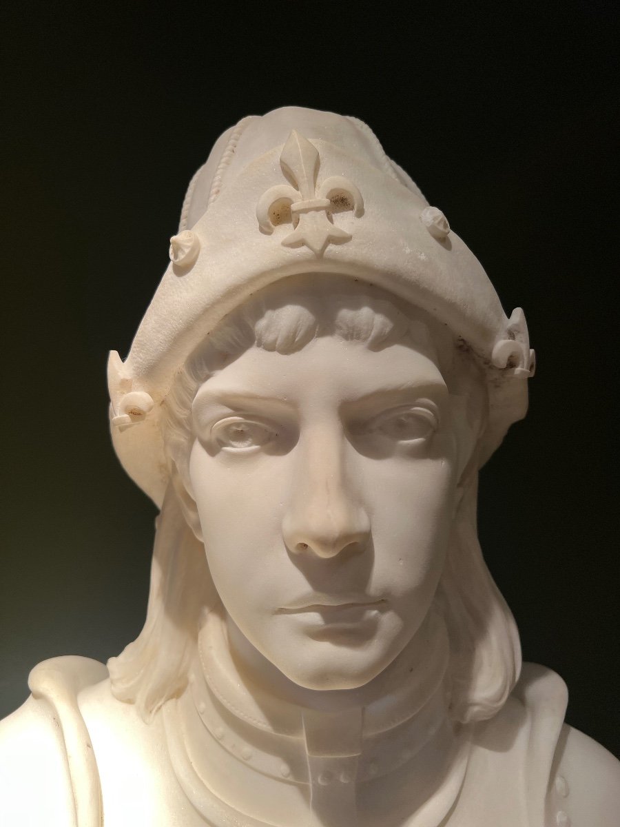 Adolphe Mony (1831-1909): Bust Of Joan Of Arc In Armor In Carrara Marble, Circa 1900.-photo-4