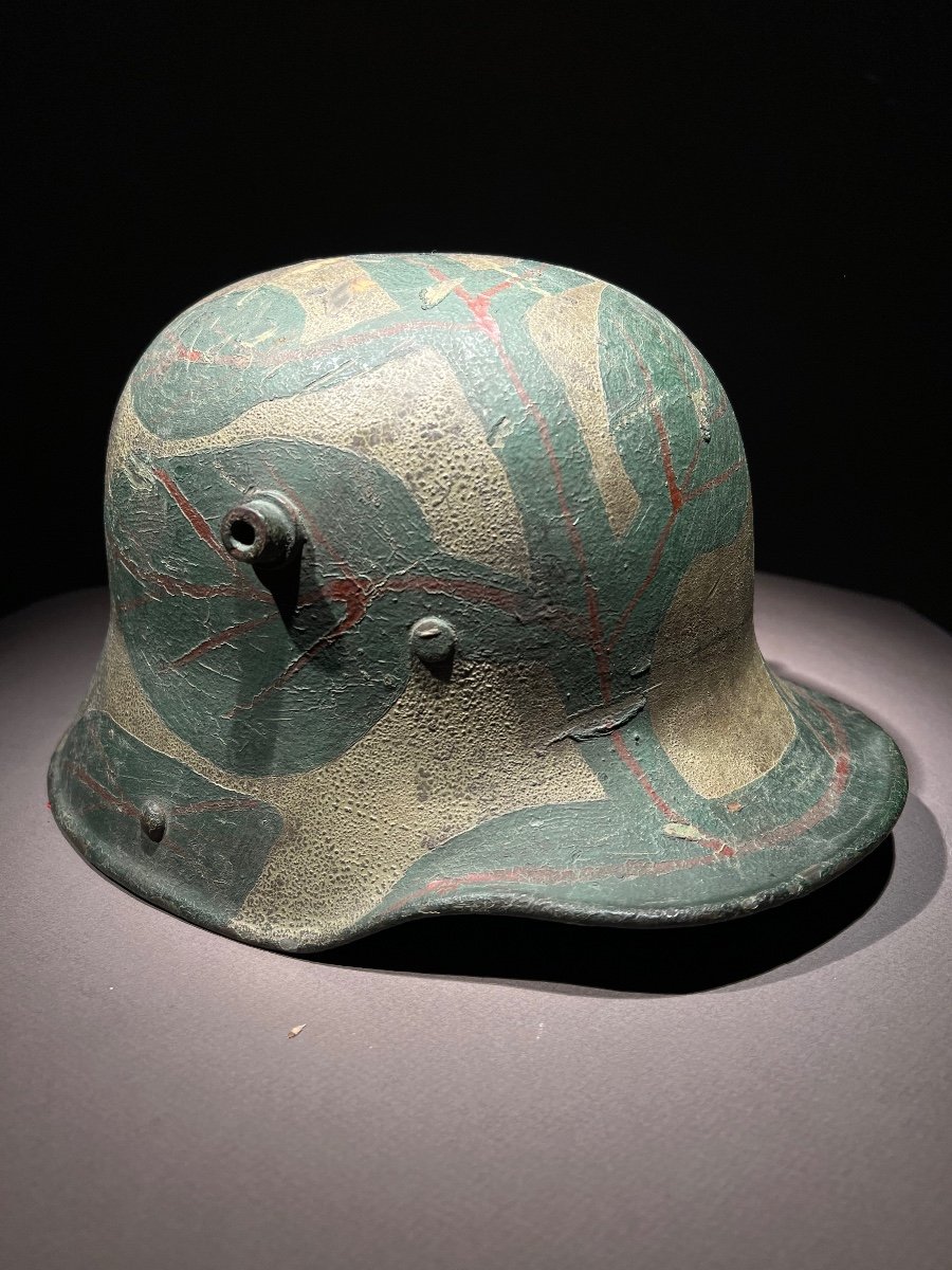 Casque Allemand Stahlhelm Mod. 1916, éd. 1917, Avec Camouflage Atypique De Feuillage, 1918.-photo-2