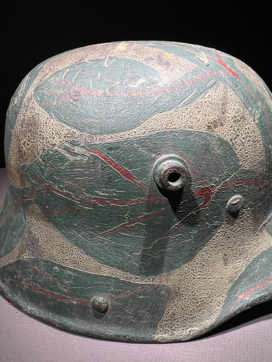 Casque Allemand Stahlhelm Mod. 1916, éd. 1917, Avec Camouflage Atypique De Feuillage, 1918.-photo-3