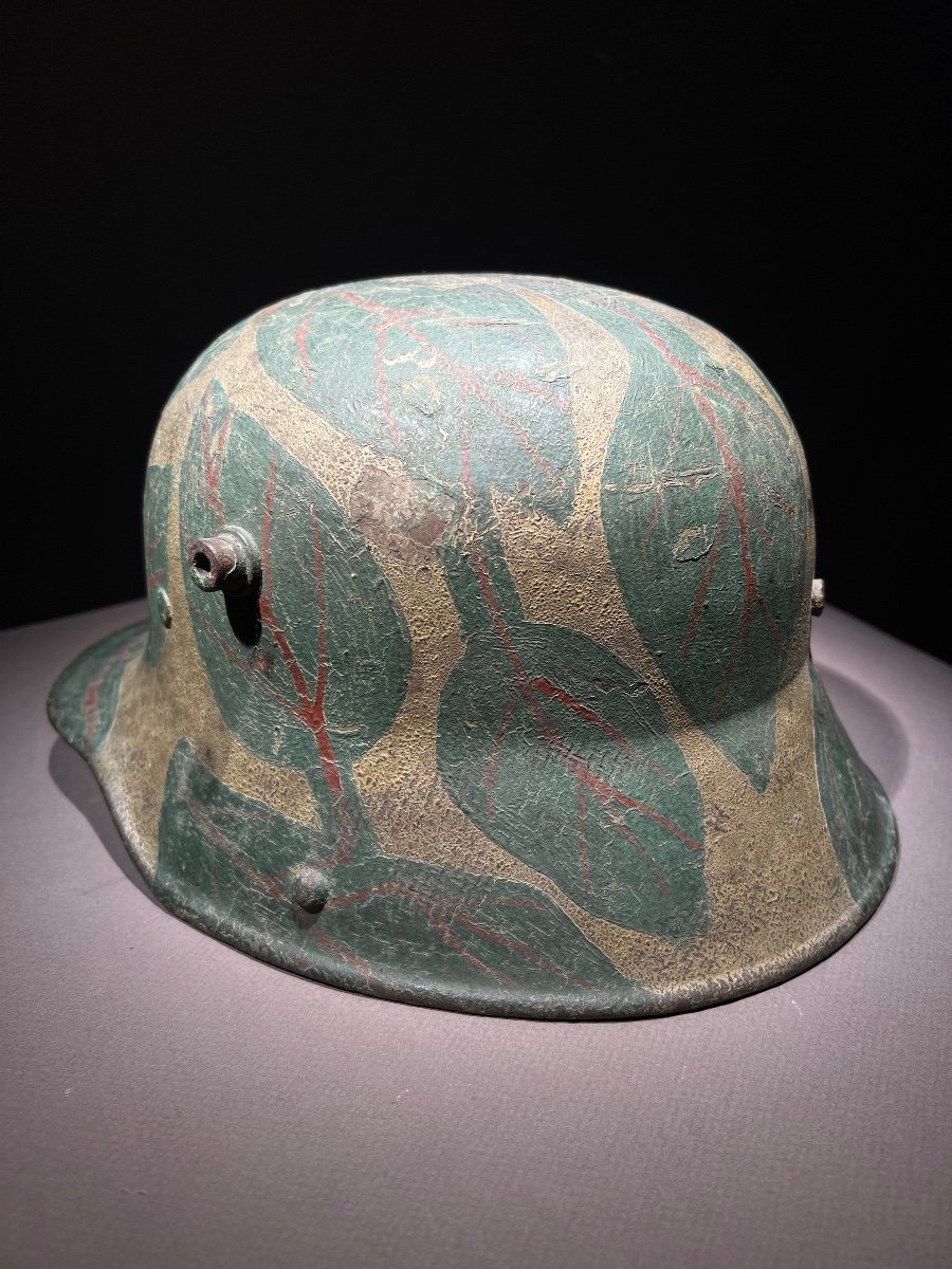 Casque Allemand Stahlhelm Mod. 1916, éd. 1917, Avec Camouflage Atypique De Feuillage, 1918.-photo-2