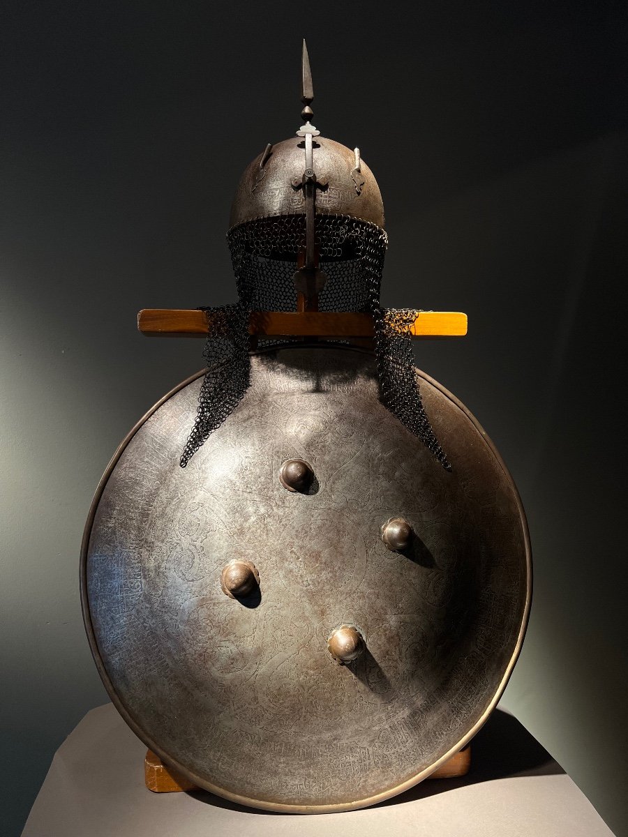 Ottoman “kulah Khud” Helmet And Rondache Shield, Ottoman Or Indo-persian Empire, 19th C.