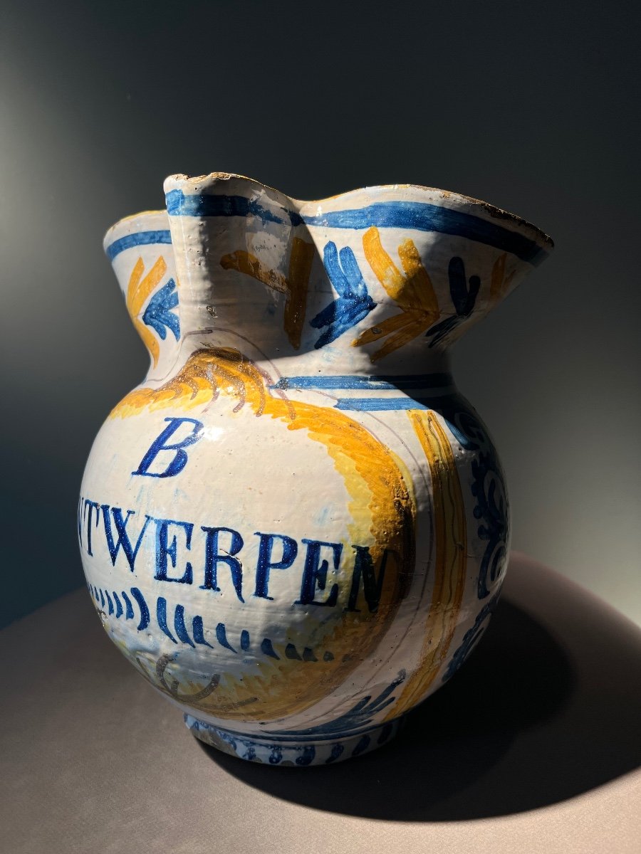 Flemish Majolica Jug, Inscribed Antwerp, Flanders, 18th.