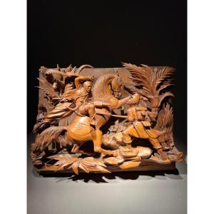 High Relief In Pear Wood Representing A Scene From The Conquest Of Algeria, Signed Miarles, 1856.