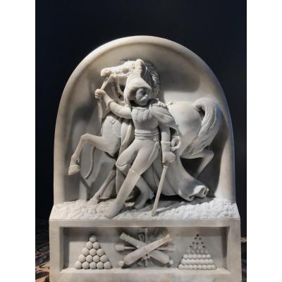 A. Desenfans (1845-1938), Le Cuirassier 1814, High Relief In Carrara Marble, Dated 1870.