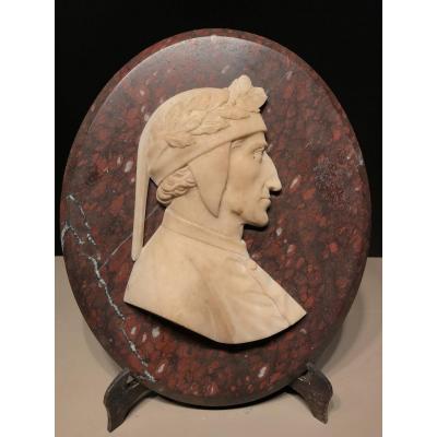 Bas Relief Du Profil De Dante, Albâtre Et Marbre Rouge Griotte, Italie, Ca. 1850.