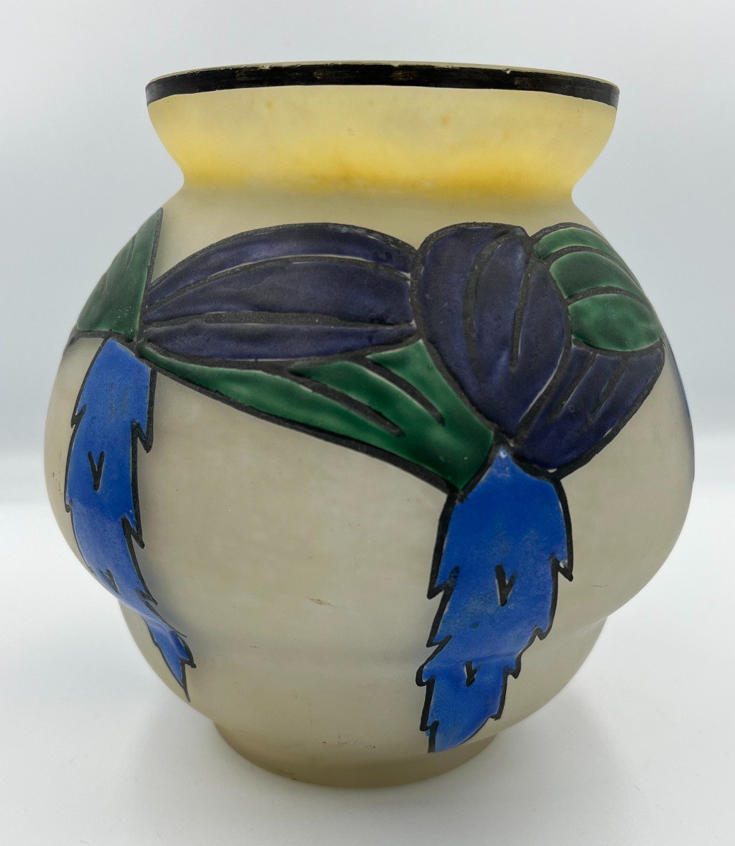 Vase En Verre Givré émaillé De Leune, Vers 1930-photo-2