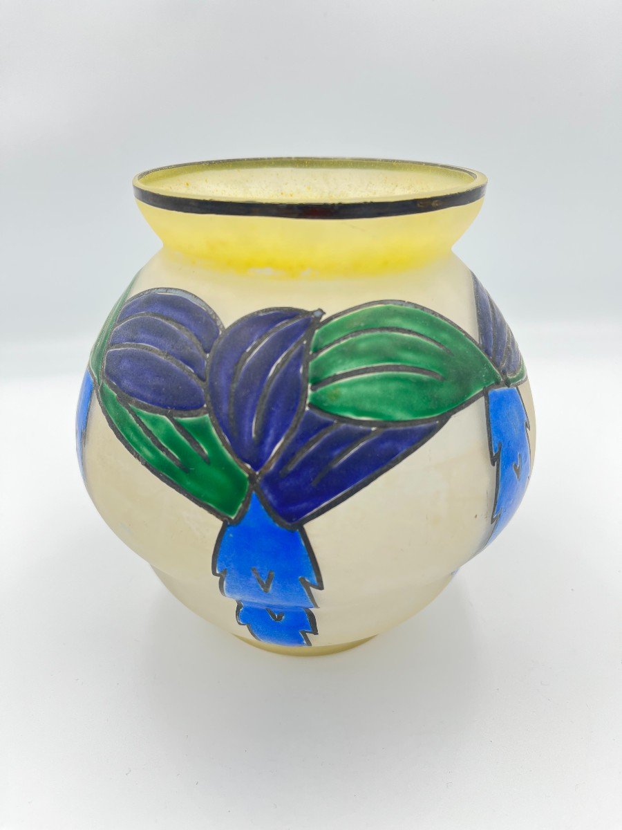 Vase En Verre Givré émaillé De Leune, Vers 1930