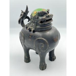 Bronze Perfume Burner With Brown And Green Patina Foo Dog