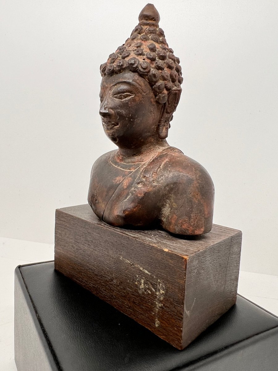 Buddha Head From Laos In Bronze-photo-4