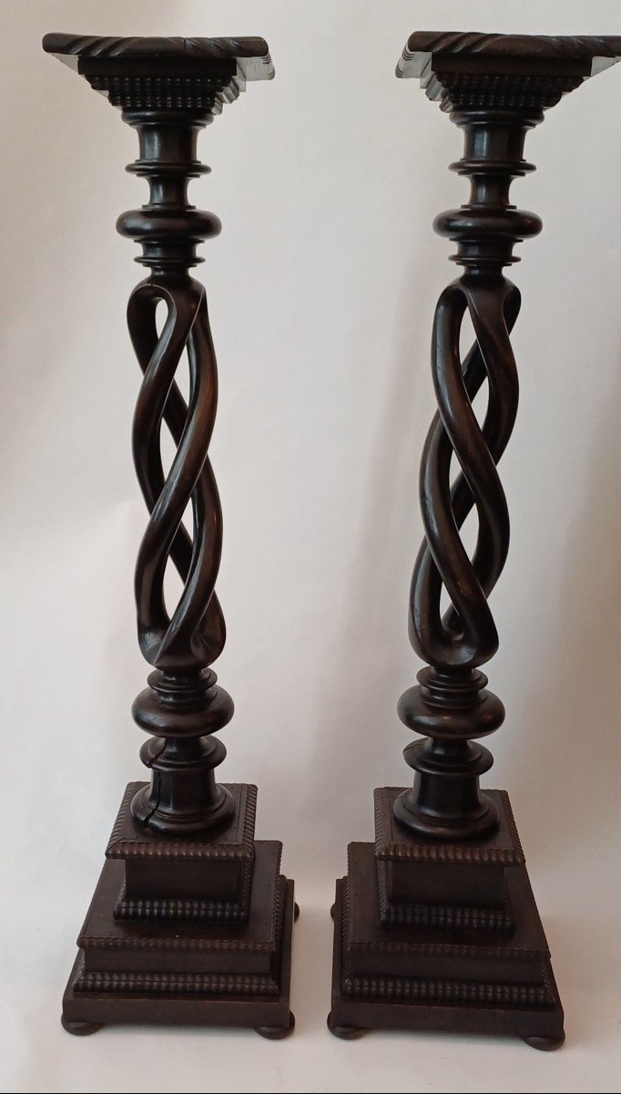 Pair Of Portuguese Columns From The 19th Century In Carved Wood 