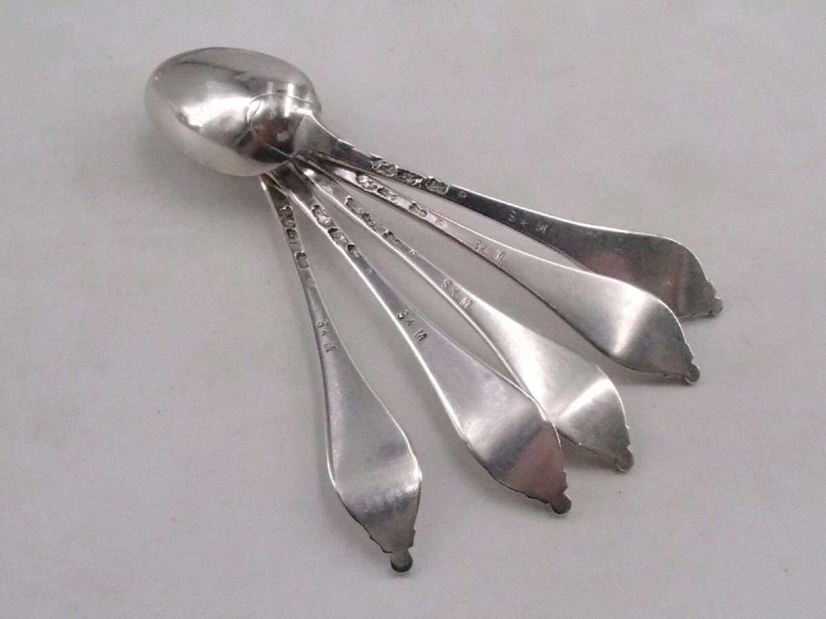 Suite Of 5 Ball Coffee Spoons, In Sterling Silver, 18th-photo-4
