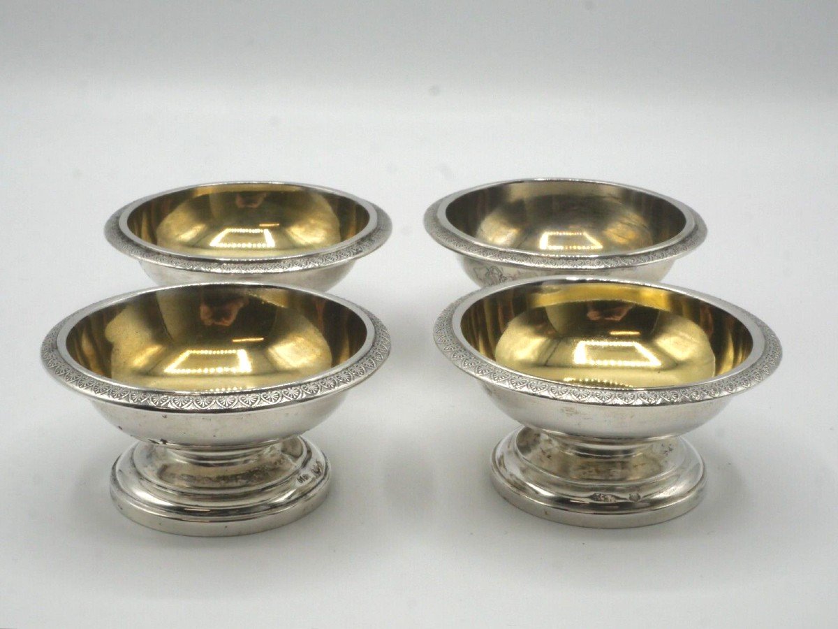 Set Of 4 Round Salt Bowls In Sterling Silver And Vermeil