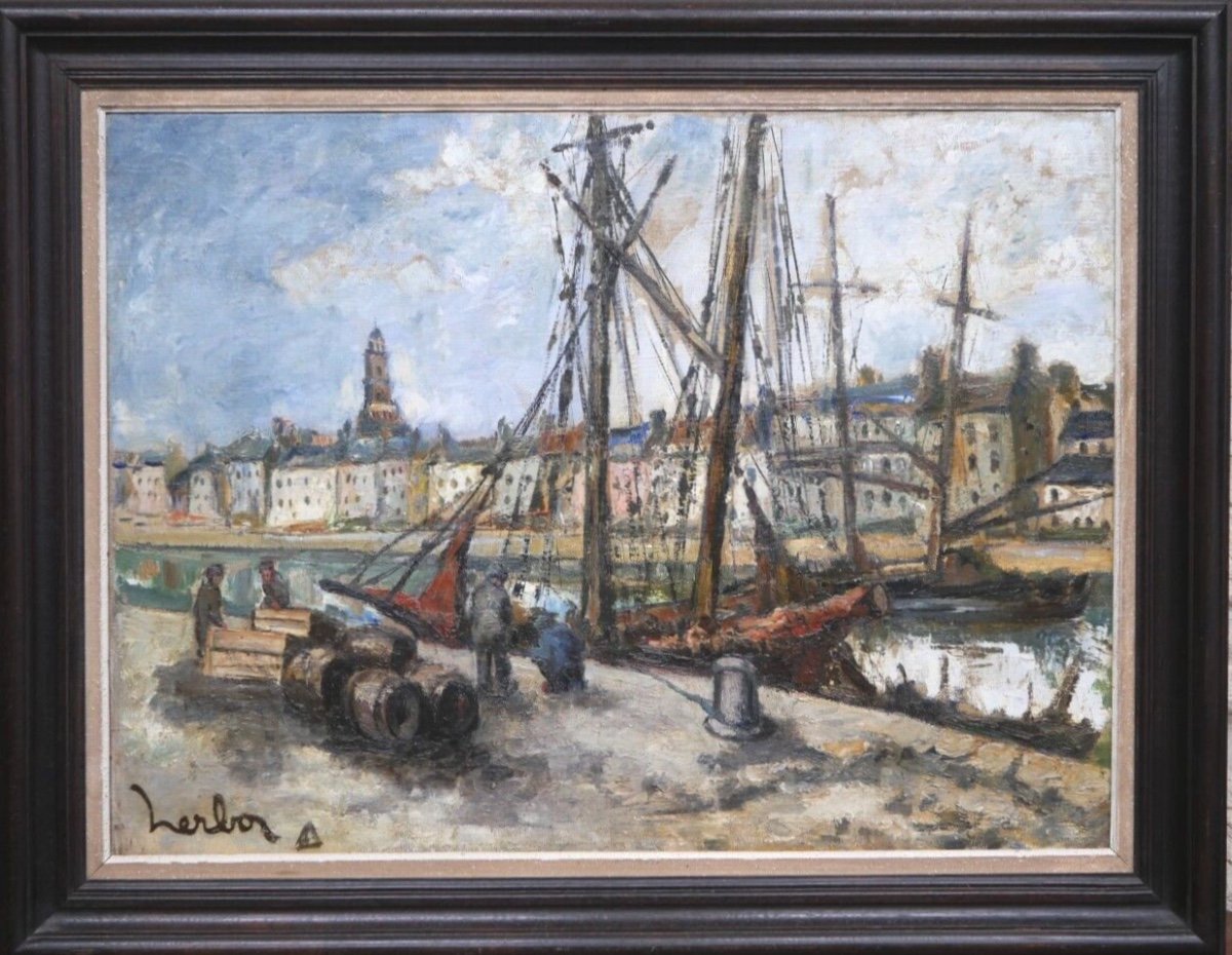 Oil On Canvas The Port Of Croisic By Fernand Herbo