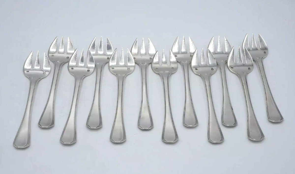 Set Of 12 Sterling Silver Oyster Forks By Puiforcat